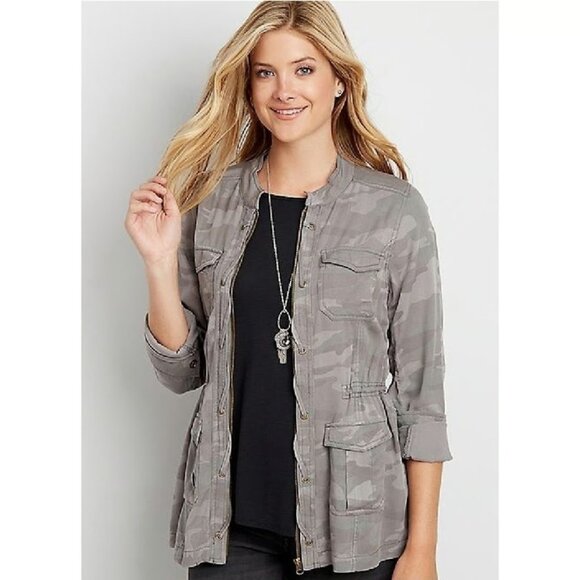 Maurices Plus Size Grey Camo Camouflage‎ Lace Up Long Sleeve Gray Jacket Zip 1X - Picture 1 of 11